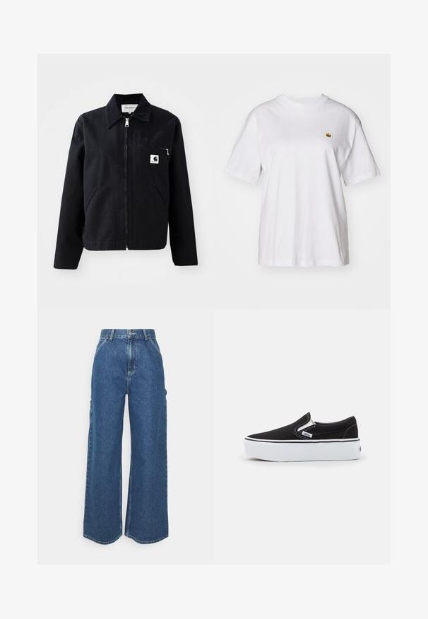 Sort canvasjakke med lynlås foran, krave, to sidelommer og en brystlomme. Har et lille hvidt firkantet logo på lommen.; Hvid bomulds-t-shirt med en afslappet pasform, korte ærmer og et lille broderet logo på venstre brystområde.; Bredde ben blå denimbukser med høj talje, kontrastsyede sømme og sidelommer, med et klassisk fem-lomme design og rå kanter.; Sorte canvas slip-on sko med en hvid gummi sål, der har elastiske sidelåg og kontrasterende syninger. Brandlogo synligt på siden.