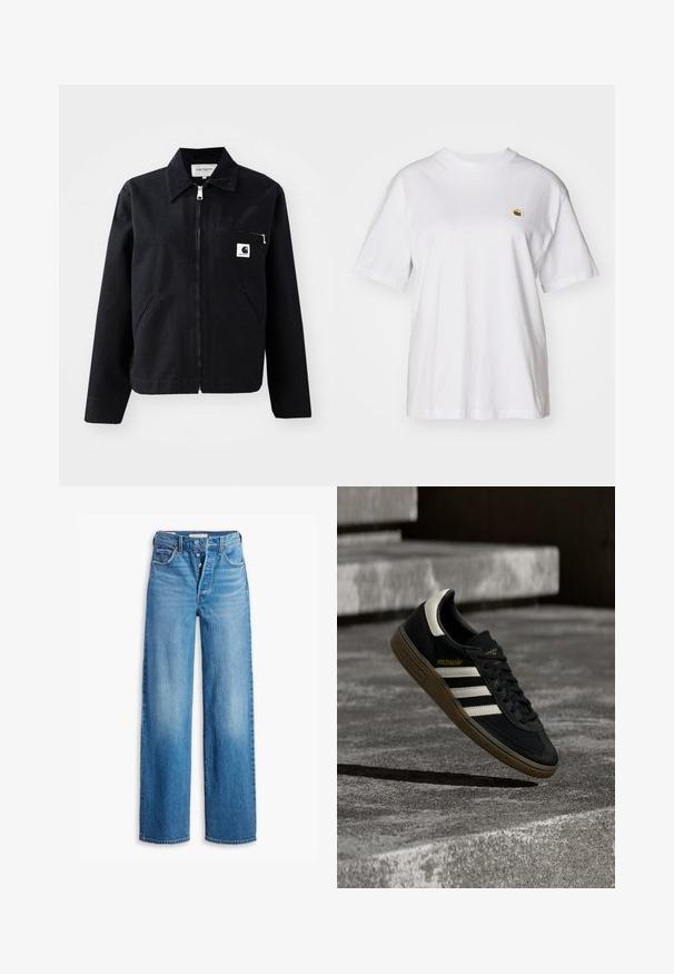 Schwarze Canvasjacke mit Reißverschluss, Kragen, zwei Seitentaschen und einer Brusttasche. Verfügt über ein kleines weißes quadratisches Logo auf der Tasche.; Weißes Baumwoll-T-Shirt mit lockerem Schnitt, kurzen Ärmeln und einem kleinen gestickten Logo auf der linken Brustseite.; Blaue Denim-Jeans mit hoher Taille, weitem Bein-Design und Fünf-Taschen-Stil. Sie verfügen über einen Knopfverschluss und ein verwaschenes Finish.; Schwarzer Adidas-Sneaker mit weißen Streifen und Gummisohle schwebt über grauen Betonstufen im natürlichen Licht.