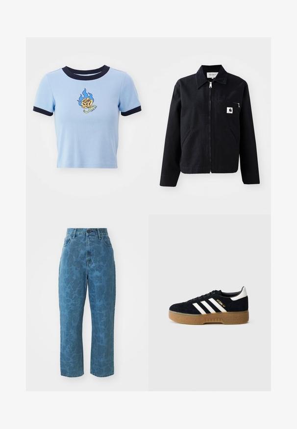 Musta kangaskerros takki, jossa on vetoketjulla suljettava etuosa, kaulus, kaksi sivutaskua ja rintatasku. Takissa on pieni valkoinen neliölogo taskussa.; Vaaleansininen lyhythihainen crop-top, jossa on tummansininen ribbikaulus. Sisältää liekkikirjaillun keltaisen ruusun ja tekstiä sen alla. Pehmeä kankaan rakenne.; Vaaleansiniset farkut, joissa on hienovarainen kuvioitu rakenne, korkea vyötärö ja suora lahje. Varustettu edessä napilla ja vetoketjulla.; Musta mokkanahkainen lenkkari, jossa valkoiset kolme raitaa ja kultainen logo. Kumipohja, jossa kuvioitu pito. Klassinen matala malli, pyöreä kärki.