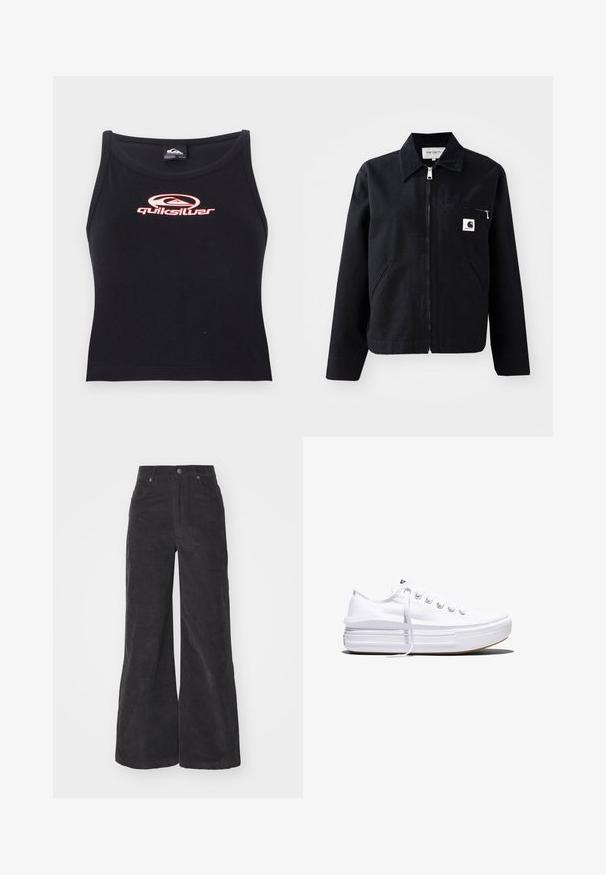 Veste en toile noire avec fermeture éclair à l'avant, col, deux poches latérales et une poche poitrine. Présente un petit logo carré blanc sur la poche.; Crop top noir sans manches en tissu doux, avec un logo Quiksilver rose centré sur la poitrine. Design simple avec un décolleté arrondi.; Pantalons large en velours côtelé noir avec taille haute, poches avant et fermeture à bouton. Le tissu présente une surface douce et texturée.; Baskets basses blanches en toile avec semelle plateforme épaisse, lacets sur le devant et embout en caoutchouc texturé, vues de profil.