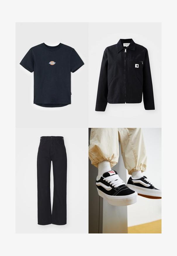 Veste en toile noire avec fermeture éclair à l'avant, col, deux poches latérales et une poche poitrine. Présente un petit logo carré blanc sur la poche.; T-shirt en coton noir à manches courtes, col rond, et un petit logo multicolore sur la poitrine. Ourlet droit avec un dos légèrement plus long.; Jeans noirs taille haute à jambes larges avec fermeture à bouton et zip à l'avant, passants de ceinture et deux poches avant sur fond blanc.; Personne portant des baskets Vans noires et blanches avec des lacets blancs, des chaussettes blanches et un pantalon beige avec des poignets élastiques.