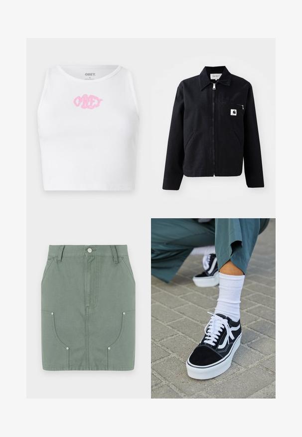 Čierna plátenná bunda so zipsom vpredu, golierom, dvoma bočnými vreckami a vreckom na hrudi. Obsahuje malé biele štvorcové logo na vrecku.; Biely rebrovaný crop top s ružovým logom "OBEY" v strede. Navrhnutý s okrúhlym výstrihom a bez rukávov.; Zelená bavlnená sukňa s priliehavým strihom, so prednými vreckami, hladkou štruktúrou a kovovými detailmi na vreckách.; Čierne semišové tenisky s bielymi akcentmi a šnúrkami, s hrubou bielou podrážkou a kontrastným prešívaním, doplnené o bielu ponožku.