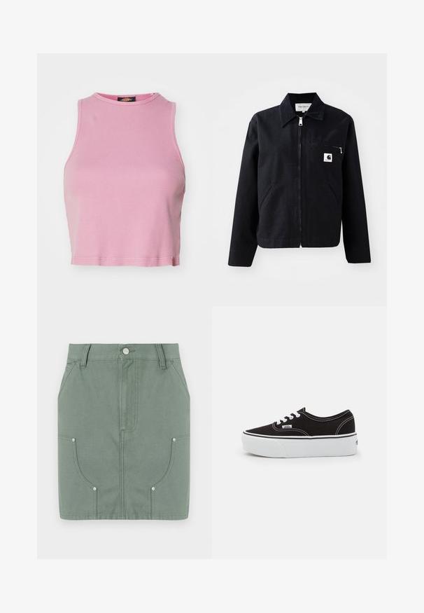 Chaqueta de lona negra con cierre de cremallera en la parte delantera, cuello, dos bolsillos laterales y un bolsillo en el pecho. Presenta un pequeño logo cuadrado blanco en el bolsillo.; Top corto de canalé rosa con cuello redondo y diseño sin mangas. Presenta un dobladillo que termina justo por encima de la cintura.; Falda de algodón verde con un diseño ajustado, que cuenta con bolsillos frontales, textura suave y acentos de metal en los bolsillos.; Zapatilla de lona negra con suela de plataforma de goma blanca, que presenta cordones y costuras blancas, con branding icónico en el lateral, diseño de corte bajo.