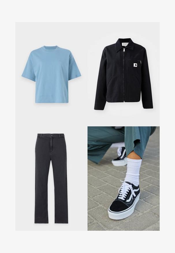 Schwarze Canvasjacke mit Reißverschluss, Kragen, zwei Seitentaschen und einer Brusttasche. Verfügt über ein kleines weißes quadratisches Logo auf der Tasche.; Helles blaues T-Shirt mit kurzen Ärmeln aus Baumwolle, das einen runden Halsausschnitt und ein kleines Logo auf der Brust hat. Lässige Passform mit glatter Textur.; Schwarze Jeans mit geradem Bein, vorderem Knopf- und Reißverschluss, Gürtelschlaufen und klassischem Fünf-Taschen-Design, flach auf weißem Hintergrund liegend.; Schwarze Wildledersneaker mit weißen Akzenten und Schnürsenkeln, ausgestattet mit einer dicken weißen Sohle und kontrastierenden Nähten, kombiniert mit einer weißen Socke.