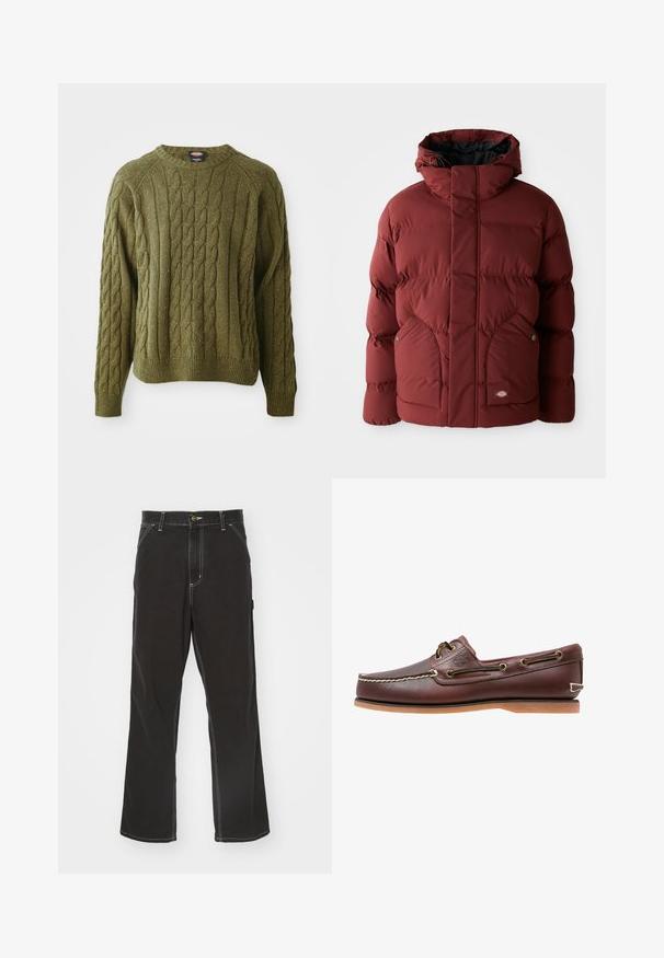 Chaqueta de invierno acolchada color burdeos con capucha, bolsillos frontales asegurados por botones y cierre frontal con cremallera, adornada con un pequeño parche de logo.; Suéter verde de punto trenzado con cuello redondo, patrón texturizado, puños y dobladillo acanalados, con motas de color a lo largo de la tela.; Pantalones de mezclilla negros con corte recto, costuras blancas en contraste, bolsillos frontales y cierre de botón en la cintura.; Zapato náutico de cuero marrón con costuras blancas, detalles de cordones y suela de goma color coñac, mostrado de lado sobre un fondo blanco.