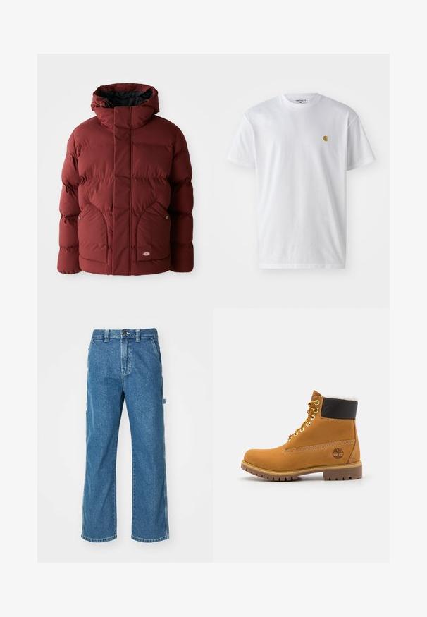Chaqueta de invierno acolchada color burdeos con capucha, bolsillos frontales asegurados por botones y cierre frontal con cremallera, adornada con un pequeño parche de logo.; Camiseta de algodón blanca con mangas cortas, cuello redondo, que presenta un pequeño logo dorado en la parte izquierda del pecho. Textura suave y corte regular.; Pantalones cargo de mezclilla azul con un corte relajado, que cuentan con bolsillos laterales, cremallera en la bragueta y costuras de contraste en las costuras.; Botín de cuero marrón con ojales de metal, forro de piel sintética blanca, cuello acolchado negro, suela resistente y logotipo en relieve en el costado.