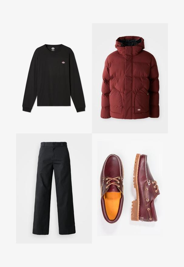Chaqueta de invierno acolchada color burdeos con capucha, bolsillos frontales asegurados por botones y cierre frontal con cremallera, adornada con un pequeño parche de logo.; Camiseta negra de manga larga de algodón, con un pequeño logo multicolor de Dickies en la parte izquierda del pecho y puños acanalados.; Pantalones de pierna ancha negros hechos de algodón. Cuenta con cierre de botón, lazos para cinturón y bolsillos laterales. Textura suave con un corte ajustado.; Zapatos de cuero burdeos con suelas de goma marrón, puntera redonda, costuras blancas y ojales dorados. El interior cuenta con un forro amarillo.