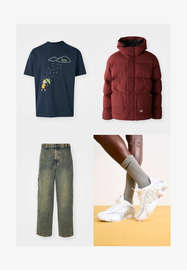 Chaqueta de invierno acolchada color burdeos con capucha, bolsillos frontales asegurados por botones y cierre frontal con cremallera, adornada con un pequeño parche de logo.; Camiseta de algodón azul marino con un gráfico pixelado de una figura con un paraguas bajo nubes y gotas de lluvia, con texto en la parte superior en verde claro.; Jeans de denim holgados en un lavado azul y verde descolorido. Presenta un cierre de botón, pasadores para el cinturón y bolsillos laterales. Diseño de frente plano y pierna recta.; Zapatillas Nike en blanco con detalles plateados, con paneles texturizados y perforaciones. Combinadas con calcetines grises acanalados, sobre un fondo amarillo.
