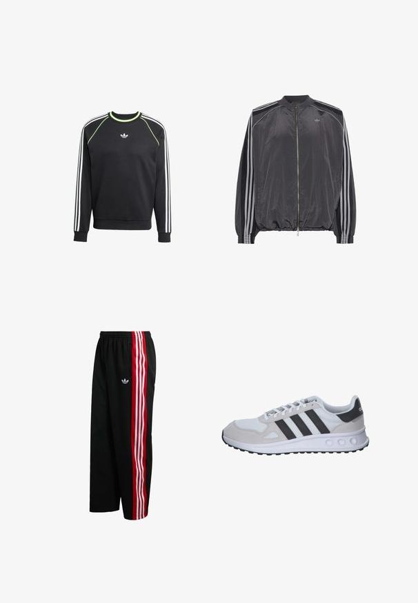 Sort letvægts zip-up træningstrøje med tre hvide striber langs ærmerne og lille Adidas-logo på brystet.; Sort sweatshirt med hvidt tre-stribesdesign på ærmerne og limegrønne detaljer. Har rund halsudskæring og et lille logo på brystet.; Sorte mesh-bukser med bred pasform, røde og hvide stribede sidel paneler og et lille hvidt logo på venstre side. Elastisk taljebånd.; Grå og hvid atletiksko med en mesh-overdel, suedebeslag, tre sorte striber og en tekstureret gummisål med runde udskæringer.