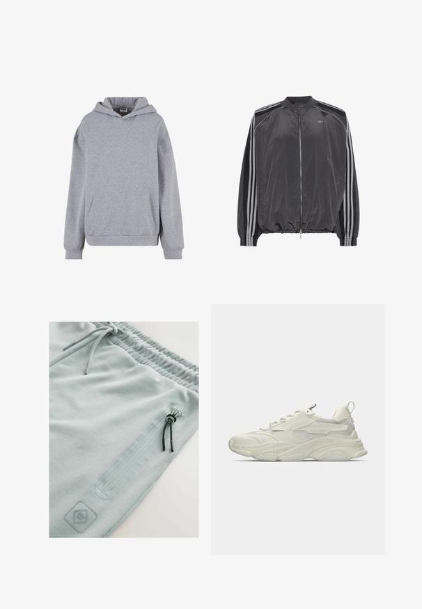 Must kerge lukuga jope, millel on käistel kolm valget triipu ja rinnal väike Adidas logo.; Helehall halli pullover kapuutsiga, pikkade varrukatega, eesmine kängurutasku ja soonikkoes mansettidega valgel taustal.; Heledad hallid dressipüksid, millel on tekstuurne kangas, elastne vöökoht ning mustade aktsentidega lukuga tasku ja reguleeritavad stringid.; Turskevalge massiivse tossu võrgust detailidega, tekstuurse kummist tallaga ja ümarate vormidega. Omab minimaalset brändimist ja kannal asuvat tõmbenööriga silmust.