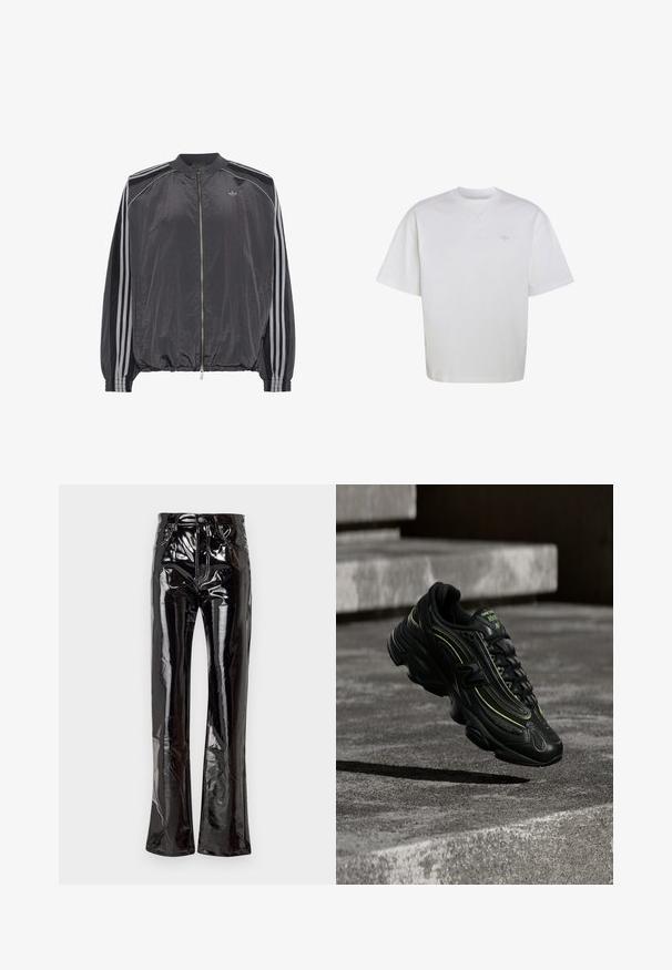 Sort letvægts zip-up træningstrøje med tre hvide striber langs ærmerne og lille Adidas-logo på brystet.; Hvid t-shirt med korte ærmer og rund halsudskæring med diskrete ribstrikkede skulderstriber og en lille, lysegrå Adidas-logo på venstre bryst.; Sorte, højtaljede flagrende bukser lavet af blank vinyl med forlommer, lynlås lukning og synlige sømdetaljer.; Sort New Balance sneaker med neon grønne accenter svævende over grå betontrin i dæmpet belysning.