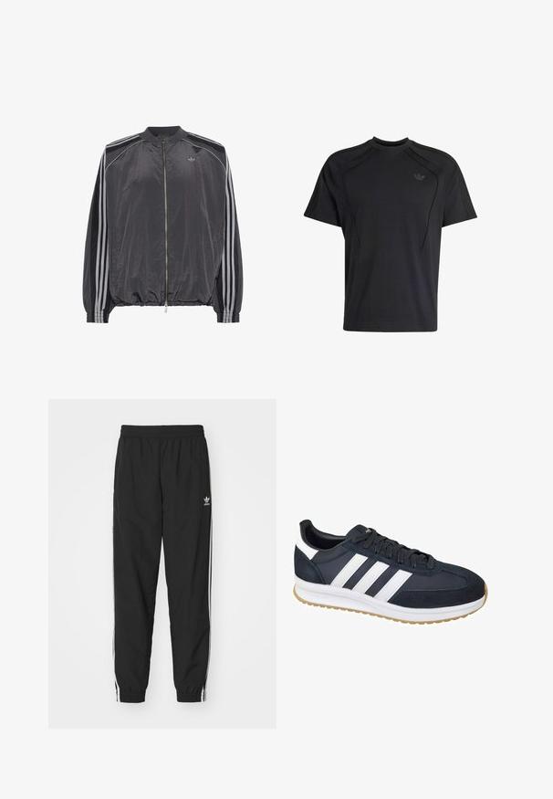 Veste de survêtement légère noire à fermeture éclair avec trois bandes blanches sur les manches et petit logo Adidas sur la poitrine.; T-shirt Adidas noir à manches courtes avec col rond, logo subtil sur la poitrine et empiècements cousus aux épaules et sur les côtés.; Pantalons de jogging noirs avec taille élastique et poignets, présentant des rayures latérales blanches et un petit logo Adidas blanc sur la hanche gauche.; Baskets en daim et tissu bleu foncé avec des rayures blanches, semelle en caoutchouc et lacets noirs. Caractéristiques d'un bout arrondi et d'un doublure douce.