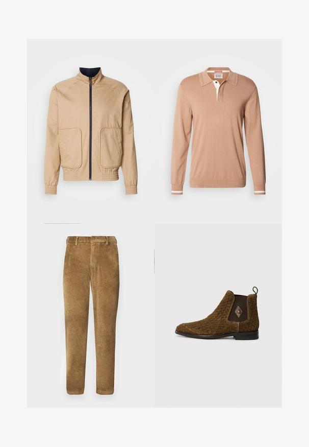 Beige letvægtsjakke med høj krave, frontlynlås og to store sidelommer. Har elastiske manchetter og bundkant med marineblå detaljer.; Scotch & Soda LONG SLEEVE POLO - Striktrøje - tannin; Brune corduroy bukser med lodret ribbet tekstur, lige snit, knaplukning og bæltestropper. Glat stof med en blød finish.; Brun vævet ankelstøvle med spids tå, elastiske sidepaneler og en løkke i bagenden. Har en diamantaccent på ydersiden.
