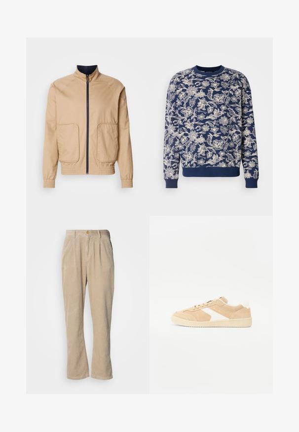 Beige letvægtsjakke med høj krave, frontlynlås og to store sidelommer. Har elastiske manchetter og bundkant med marineblå detaljer.; Mørkeblå sweatshirt med hvid blomstret broderi, rund halsudskæring, lange ærmer, ribbede manchetter og kant, med detaljerede botaniske mønstre.; Beige kordfløjlsbukser med lige ben-silhuet, som har læg ved taljen og en frontlukning med knap. Tekstureret overflade.; Beige ruskind sneakers med hvide detaljer, rund tå og snørebåndslukning. Tekstureret overdel og gummisål med diskret branding.