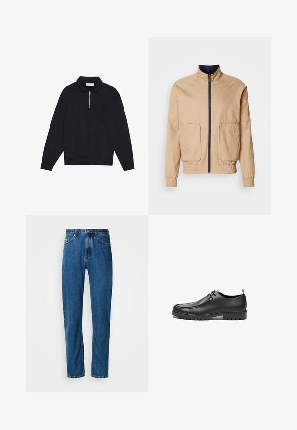 Beige letvægtsjakke med høj krave, frontlynlås og to store sidelommer. Har elastiske manchetter og bundkant med marineblå detaljer.; Pier One by Zalando Sweatshirt - black; Blå lige ben denim jeans med fem lommer og frontlukning med knap på en hvid baggrund.; Sorte lædersko med en glat overflade, rund tå og dekorativ stikning. Har en gummisål med skridsikre spor og snørebåndsdesign.