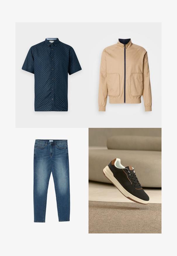 Beige letvægtsjakke med høj krave, frontlynlås og to store sidelommer. Har elastiske manchetter og bundkant med marineblå detaljer.; Korte ærmer navy knap-op skjorte med et lille hvidt bladmønster, krave og mørke knapper. Fremstillet af letvægtsstof, glat tekstur.; Denimjeans i midtblå med en falmet vask, fem-lomme design, lige ben pasform og broderede detaljer. Knap- og lynlåslukning.; Sort og brun lavtop-sneaker med hvid sål og snørebånd, svævende over et beige tæppe i et rum med neutrale toner.