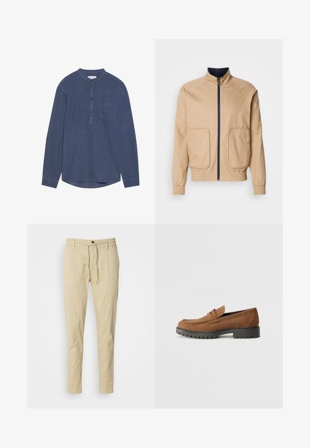 Beige letvægtsjakke med høj krave, frontlynlås og to store sidelommer. Har elastiske manchetter og bundkant med marineblå detaljer.; Langærmet, mørkeblå skjorte lavet af blødt stof, med et mandarin-krave, knaplukning og en enkelt brystlomme.; Beige, slim-fit bukser lavet af en bomuldsblanding. Elastisk talje med snøre, to frontfold og lige ben.; Brune Suede loafers med en rund tå og en lav sort gummisål, der har et dekorativt bånd og syninger på overdelen.