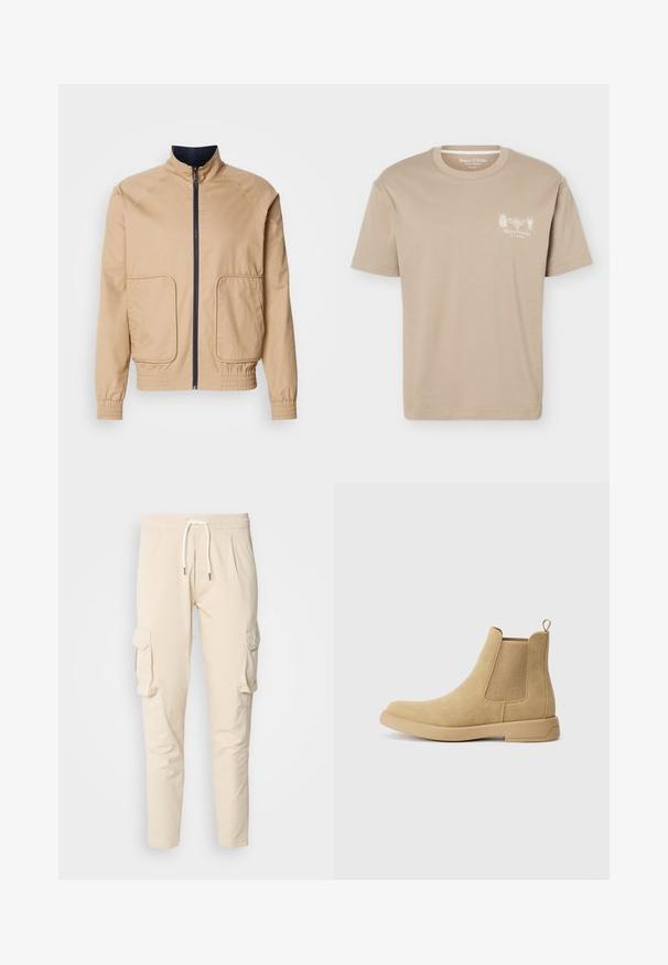 Beige letvægtsjakke med høj krave, frontlynlås og to store sidelommer. Har elastiske manchetter og bundkant med marineblå detaljer.; Beige kortærmet T-shirt med rund halsudskæring med små insektgrafikker og "Marc O'Polo" logo på venstre bryst.; Beige cargo bukser med elastisk talje og snoretræk. Har to sidelommer og tapered ben-design. Glat tekstur.; Tan ruskindsankelstøvler med elastiske sider, en flad gummisål og en løkke bag på for nem påtagning.