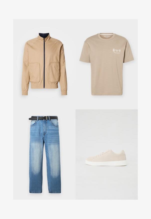 Veste beige légère avec un col haut, fermeture éclair à l'avant et deux grandes poches latérales. Dotée de poignets et d'un bas élastiques avec des accents navy.; T-shirt beige à manches courtes avec col rond, présentant de petits motifs d'insectes et le logo "Marc O'Polo" sur la poitrine gauche.; Jean en denim bleu clair avec une coupe droite, doté d'une ceinture noire, avec des zones décolorées et une texture diagonale subtile sur la partie supérieure.; Baskets en daim beige avec semelles en caoutchouc blanc, bout rond et six œillets pour les lacets. Texture lisse avec un design minimaliste.