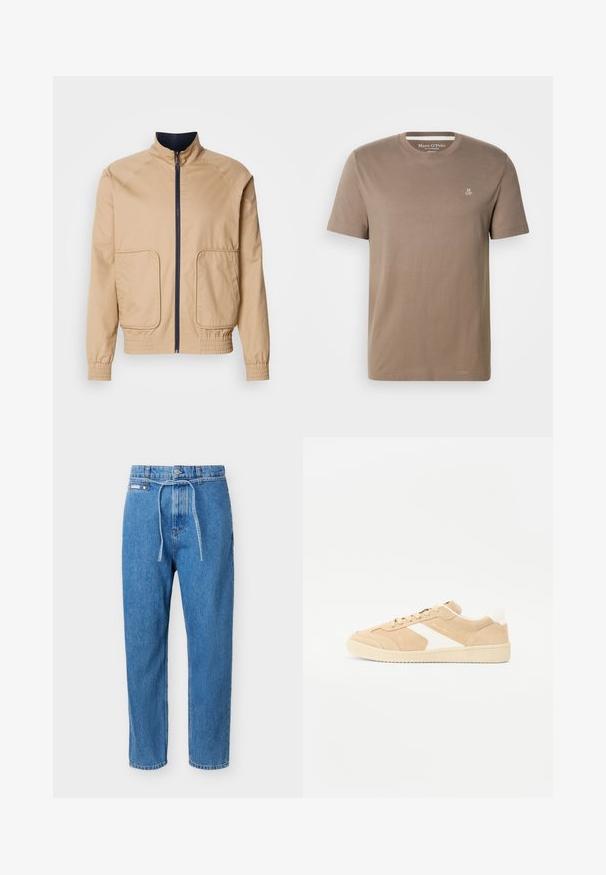 Beige letvægtsjakke med høj krave, frontlynlås og to store sidelommer. Har elastiske manchetter og bundkant med marineblå detaljer.; Taupe kortærmet bomuld T-shirt med rund hals og lille hvid "M OP"-logo på øverste venstre bryst fra Marc O'Polo.; Blå denimjeans med lige ben, høj talje, forreste knap, lynlåslukning og et tyndt denimbælte bundet i taljen.; Beige ruskind sneakers med hvide detaljer, rund tå og snørebåndslukning. Tekstureret overdel og gummisål med diskret branding.