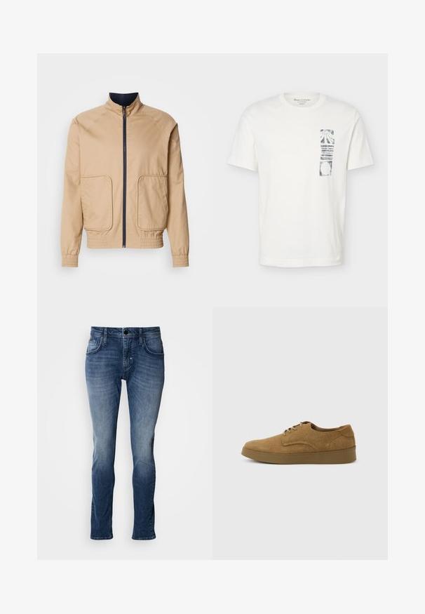 Chaqueta ligera beige con un cuello alto, cremallera frontal y dos grandes bolsillos laterales. Cuenta con puños elásticos y un dobladillo inferior con acentos en azul marino.; Camiseta blanca de manga corta con cuello redondo y un gráfico rectangular abstracto negro en el lado izquierdo del pecho.; Jeans de mezclilla azul con acabado desgastado, diseño de cinco bolsillos, corte recto y detalles de costura. Cierre sencillo con botón y cremallera.; Zapato casual marrón de ante con cordones y suela de goma plana, visto de lado sobre un fondo claro y liso.
