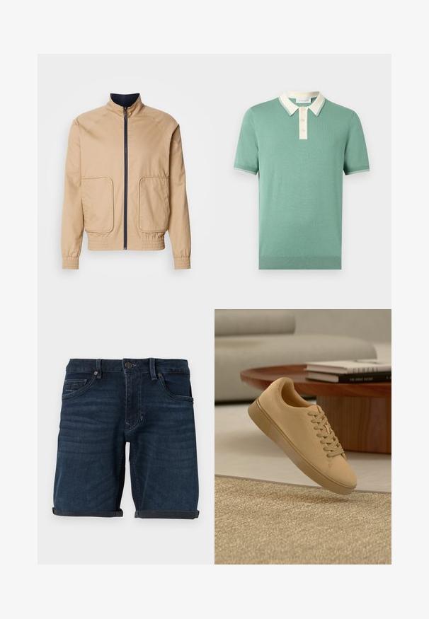 Beige lichtgewicht jack met een hoge kraag, voorrits en twee grote zijzakken. Beschikt over elastische manchetten en een elastische onderrand met marineblauwe accenten.; Korte mouw groene gebreide polo met contrasterende witte kraag en knopenlijst, geribbelde manchetten en zoom.; Donkerblauwe denimshorts met opgerolde mouwen, voorzien van voorzakken, een knoopsluiting en een merkelabel op de achterzak.; Beige vetersneaker die boven een gestructureerd tapijt zweeft, met een houten salontafel en gestapelde boeken op een wazige achtergrond.
