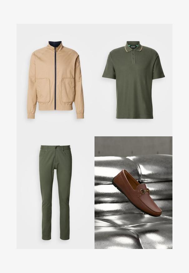 Beige letvægtsjakke med høj krave, frontlynlås og to store sidelommer. Har elastiske manchetter og bundkant med marineblå detaljer.; Scotch & Soda STRUCTURED RELAXED FIT - Poloshirts - thyme; Olivenfarvede bukser lavet af bomuldsblanding, med klassisk lige pasform, fem lommer og metalknaplukning. Glat tekstur.; Brun læderloafer med guldfarvet spænde, hvilende på en skinnende sølvpude med rynket struktur.