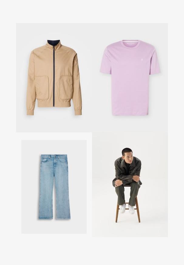 Beige lichtgewicht jack met een hoge kraag, voorrits en twee grote zijzakken. Beschikt over elastische manchetten en een elastische onderrand met marineblauwe accenten.; Lichtpaars t-shirt met korte mouwen en ronde hals, met een klein wit "M OP" logo op de linkerborst, getoond op een witte achtergrond.; lichtblauwe denim jeans met een rechte pijp, met vijf zakken, een knoopsluiting en stiksels langs de naden.; Jonge man in een donkere leren jas en spijkerbroek zit op een houten kruk, leunt naar voren met gekruiste armen en kijkt naar de zijkant tegen een witte achtergrond.