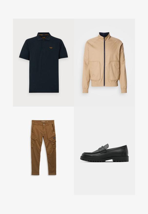 Beige letvægtsjakke med høj krave, frontlynlås og to store sidelommer. Har elastiske manchetter og bundkant med marineblå detaljer.; Mørk navy kortærmet poloshirt med tre knapper, krave og lille orange PME Legend logo på venstre bryst.; Brune lige cargo bukser med frontknap, bælte-loops, sidelommer og baglommer samt klaplukninger på lommen på låret.; Sorte læder loafers med rund tå, der har et syet design, lav platformssål og en struktureret, skridsikker gummisål.