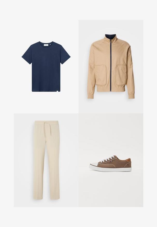 Beige lichtgewicht jack met een hoge kraag, voorrits en twee grote zijzakken. Beschikt over elastische manchetten en een elastische onderrand met marineblauwe accenten.; Navyblauwe katoenen t-shirt met een ronde hals, korte mouwen en een klein geborduurd logo op de linkerkant van de borst. Zachte textuur.; Beige, elastische broek met een trekkoord in de taille. Heeft rechte pijpen en een zachte textuur, geschikt voor casual wear of loungen.; Bruine canvas sneakers met witte veters, rubberen neuskap en contrasterende tan accenten op de hiel, met een klein driekleurig embleem.