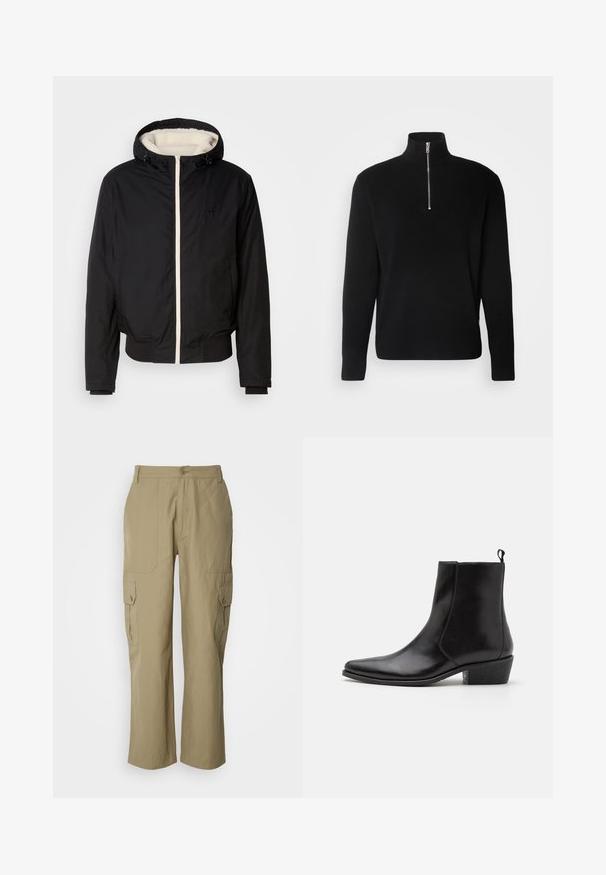Sort isoleret jakke med hætte, hvid faux pelsforing og frontlynlås. Har ribbede manchetter og kant, med logo detaljer på brystet.; Lindbergh HALF ZIP RIB KNIT - Striktrøje - black; Beige cargo bukser lavet af letvægtsstof, med to sidelommer, knaplukning og lige ben design.; Zign LEATHER - Cowboy- / bikerstøvlette - black