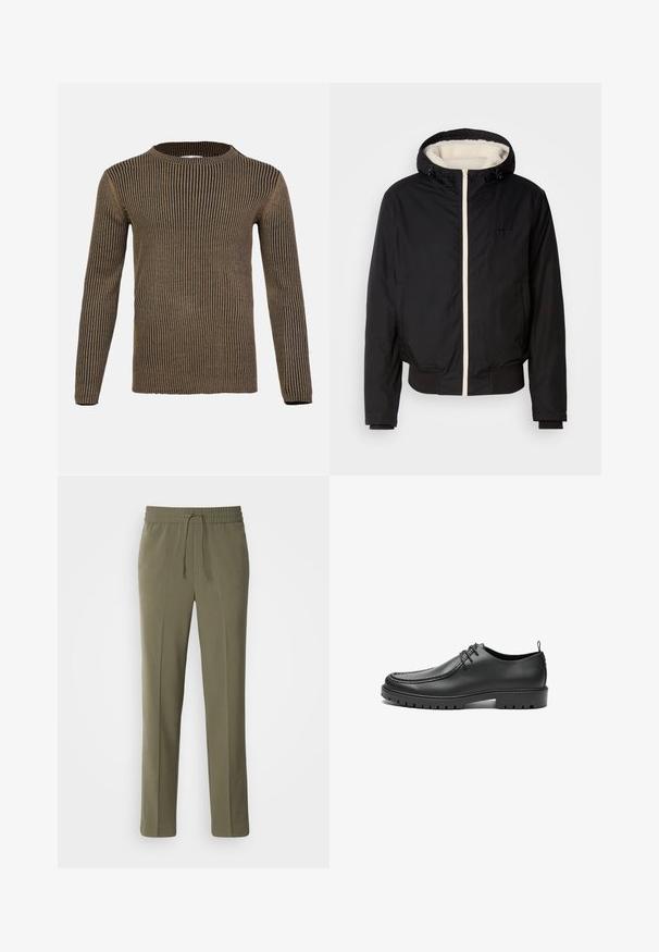 Sort isoleret jakke med hætte, hvid faux pelsforing og frontlynlås. Har ribbede manchetter og kant, med logo detaljer på brystet.; Brun og sort stribet langærmet sweater med rund hals, ribbet tekstur og lige kant. Fremstillet af blødt, strikket materiale.; Olivengrønne, letvægtsbukser med elastisk talje og justerbar snor; lige ben design og glat tekstur.; Sorte lædersko med en glat overflade, rund tå og dekorativ stikning. Har en gummisål med skridsikre spor og snørebåndsdesign.