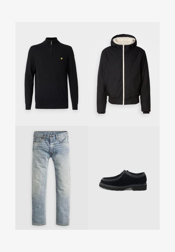 Sort isoleret jakke med hætte, hvid faux pelsforing og frontlynlås. Har ribbede manchetter og kant, med logo detaljer på brystet.; Sort zip-hals sweater lavet af et glat stof, med lange ærmer og et lille gult logo på venstre bryst.; Lysblå lige ben denimjeans med knaplukning, forlommer og løkker til bælte, vist fladt på hvid baggrund.; Sort snøresko i ruskind med tyk gummisål og rund tå, vist fra siden på en lys grå baggrund.