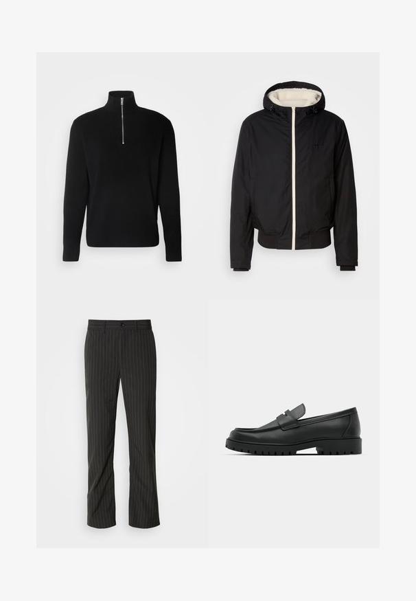 Sort isoleret jakke med hætte, hvid faux pelsforing og frontlynlås. Har ribbede manchetter og kant, med logo detaljer på brystet.; Lindbergh HALF ZIP RIB KNIT - Striktrøje - black; Sorte skræddersyede bukser med lige snit. Har en glat tekstur, frontlukning med knap og bæltestropper.; Sorte læder loafers med rund tå, der har et syet design, lav platformssål og en struktureret, skridsikker gummisål.