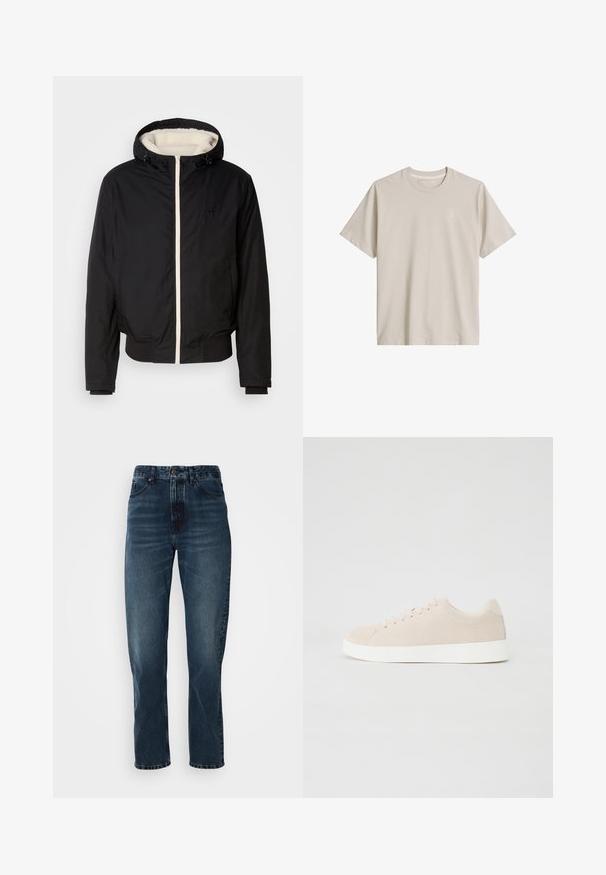 Sort isoleret jakke med hætte, hvid faux pelsforing og frontlynlås. Har ribbede manchetter og kant, med logo detaljer på brystet.; Beige T-shirt med korte ærmer og rund hals med lille tonet rundt logo på venstre bryst, vist på hvid baggrund.; Mørkeblå lige bukser med frontknap og lynlås, fem-lomme design og subtil fading på lår og knæ.; Beige ruskindsneakers med hvide gummisåler, rund tå og seks snøringshuller. Glat tekstur med minimalisk design.