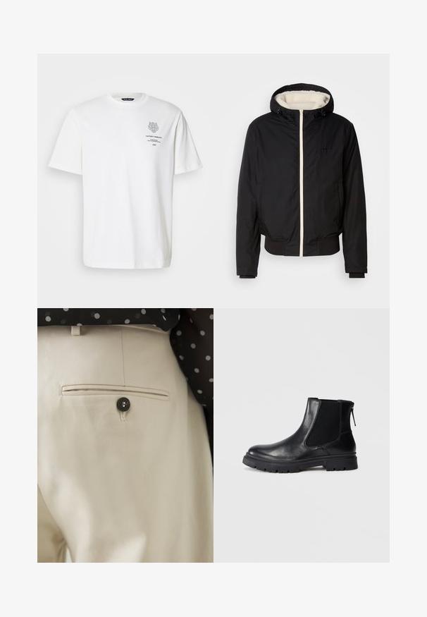 Sort isoleret jakke med hætte, hvid faux pelsforing og frontlynlås. Har ribbede manchetter og kant, med logo detaljer på brystet.; Hvid bomulds t-shirt med rund halsudskæring, korte ærmer og et trykt logo og tekstdesign på forsiden i grå.; Beige bukser i tekstureret stof med en baglomme, lukket med en sort knap. Subtile syninger langs lommen.; Sort læderankelstøvle med en glat overflade, elastiske mesh-sider og en robust sål med synligt mønster.
