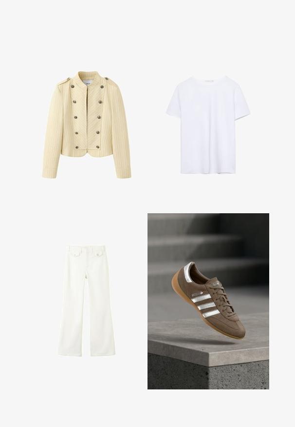 Veste crème à fines rayures avec boutons argentés croisés et col montant, conçue avec des épaulettes à boutons.; T-shirt blanc uni à manches courtes et col rond avec ourlet droit, présenté sur un fond blanc.; Pantalon blanc taille haute avec jambes évasées, bouton et fermeture éclair à l'avant, et deux poches à rabat avec boutons à la taille devant.; Baskets en daim marron avec des rayures blanches et des accents argentés, dotées d'une tige texturée, d'un système de laçage et d'une semelle en caoutchouc gomme.