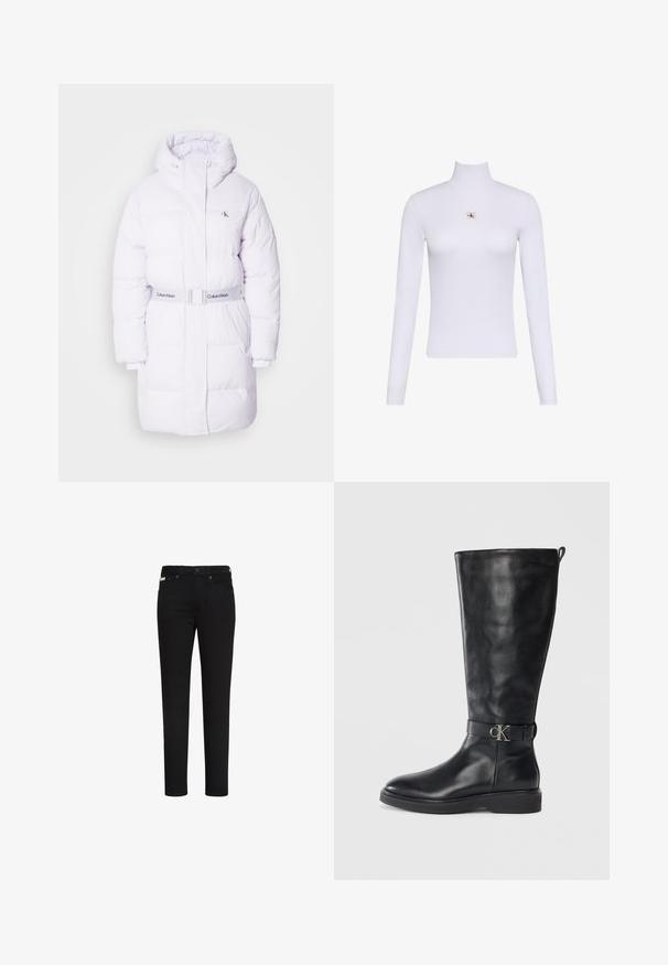 Witte pufferjas met een hoge kraag en een ceintuur in de taille. Heeft gestikte panelen en een klein logo op de linkerborst. Gladde textuur.; Witte lange mouwen coltrui top met een klein Calvin Klein-logo midden op de borst.; Zwarte slim-fit jeans met knoop en rits aan de voorkant, met voor- en achterzakken en een klein label op de rechtervoorzak.; Zwarte leren kniehoog laars met lage hak, ronde neus en een metalen "CK" logo gesp rond de enkel.