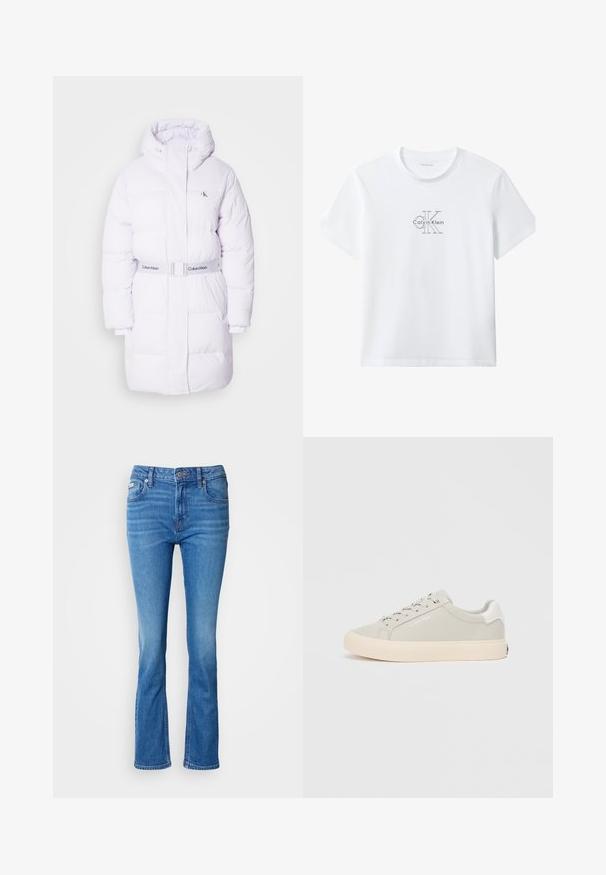 Abrigo de plumas blanco con un alto cuello y cintura ceñida. Presenta paneles acolchados y un pequeño logo en el lado izquierdo del pecho. Textura suave.; Camiseta blanca de manga corta con cuello redondo, con el logo "Calvin Klein" delineado en negro y grandes iniciales "cK" centradas en el pecho.; Jeans acampanados de denim azul con una cintura de media altura, que presentan un clásico diseño de cinco bolsillos y una sutil textura desgastada en las rodillas.; Zapatilla de color gris claro con una textura suave, punta redondeada y cordones blancos. Presenta una suela beige y un sutil logotipo en el lateral.