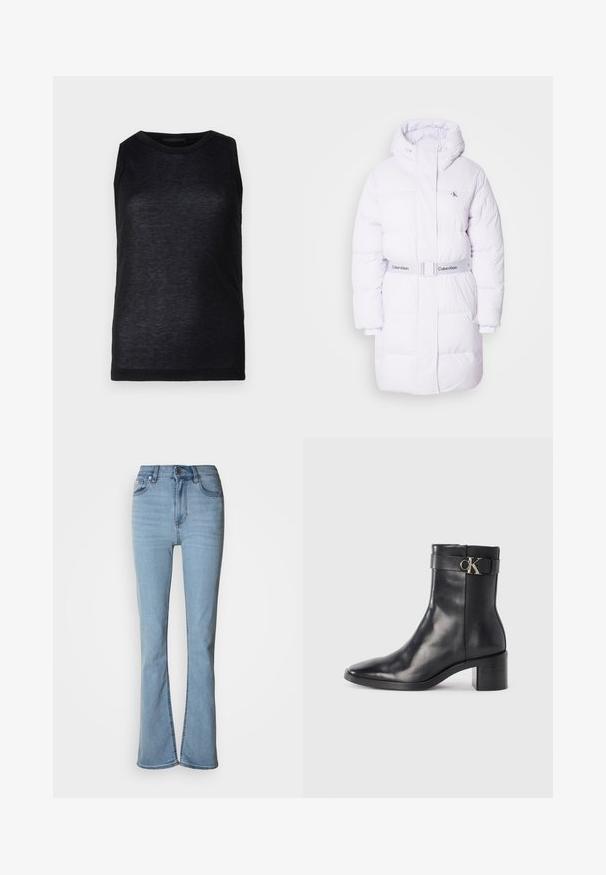 Manteau léger blanc avec un col haut et une taille ceinturée. Présente des panneaux matelassés et un petit logo sur la poitrine gauche. Texture lisse.; Haut sans manches noir en tissu léger. Il présente un col rond et une texture lisse avec un éclat subtil. Design simple, sans motifs.; Jean en denim bleu clair avec taille haute, jambes droites et détail d'ourlet fendu aux chevilles. Comprend cinq poches et une fermeture à boutons.; Botte de cheville en cuir noir avec un bout pointu, un talon carré et une sangle avec un détail de logo métallique. Texture lisse et design minimaliste.