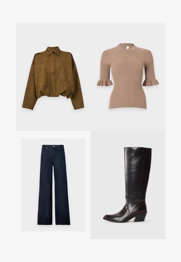Bruine suède cropped jas met lange mouwen, verborgen knoopsluiting aan de voorkant, twee schuine zakken en een puntige kraag.; Beige geribd gebreide top met korte mouwen die eindigen in gerimpelde manchetten en een ronde halslijn.; Donkerblauwe denim jeans met wijde pijpen, een knoop aan de voorkant, riemlussen en vijf zakken op een effen achtergrond.; Knielange, donkerbruine leren laars met een spitse neus, hoekige blokhak en een gladde, glanzende textuur. Heeft een strak ontwerp en stikdetails.