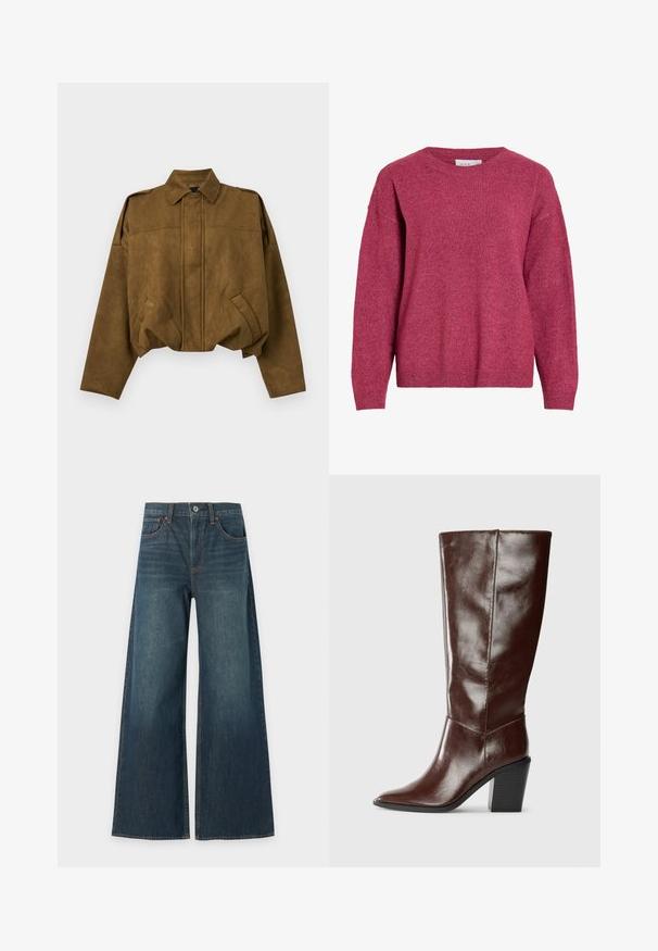 Veste courte en daim marron avec manches longues, fermeture boutonnée cachée sur le devant, deux poches inclinées et col pointu.; Pull à manches longues avec col rond en rose foncé chiné, poignets et ourlet côtelés, tissu en maille douce, coupe décontractée.; Jean en denim bleu à jambes larges avec cinq poches, fermeture par bouton et coutures marron visibles, présenté à plat sur fond blanc.; Botte haute en cuir marron foncé avec un bout pointu et un talon empilé, présentée de côté sur un fond uni.