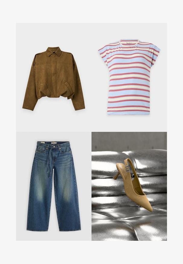 Braune Wildleder-Cropped-Jacke mit langen Ärmeln, verdeckter Knopfleiste vorne, zwei schrägen Taschen und spitzem Kragen.; Hellblaues T-Shirt mit kurzen Ärmeln, horizontalen Streifen in Rot, Gelb und Weiß und rundem Halsausschnitt.; Dunkelblaue Denim-Hosen im weit geschnittenen Stil mit einem verwaschenen Design, ausgestattet mit einem Kordelzug am Bund und fünf Taschen.; Beiger Wildleder-Kittenheel-Slingback-Schuh mit silberner Schnalle, positioniert über einer glänzenden, metallischen, geknöpften Oberfläche.