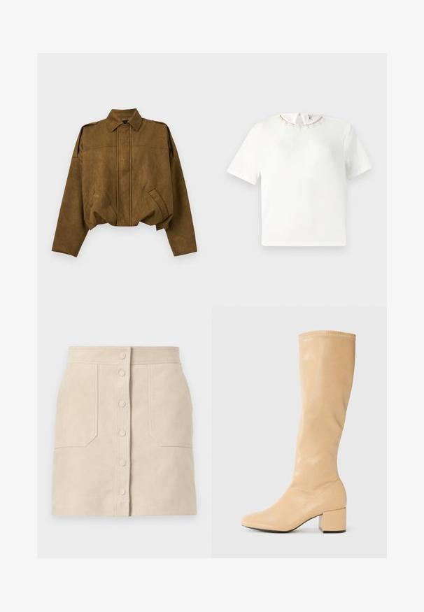 Veste courte en daim marron avec manches longues, fermeture boutonnée cachée sur le devant, deux poches inclinées et col pointu.; Chemise blanche à manches courtes avec encolure ronde, bordure délicate en crochet beige et petits pompons, fermeture par boutons dans le dos.; Mini-jupe en daim beige avec boutons-pression à l'avant et deux grandes poches frontales, coupe droite et détails cousus.; Anna Field by Zalando Bottes - beige