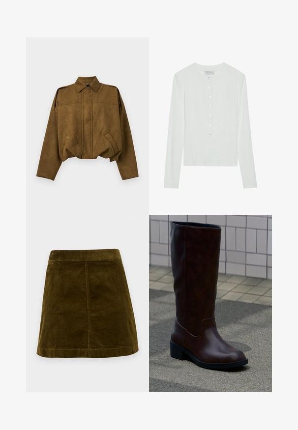 Veste courte en daim marron avec manches longues, fermeture boutonnée cachée sur le devant, deux poches inclinées et col pointu.; Haut à manches longues blanc en tissu côtelé, avec un col rond et un devant boutonné comportant six boutons transparents.; Jupe mini en velours côtelé marron avec des côtes verticales, coupe droite et ourlet net. Présente une taille simple sans embellissements.; Botte en cuir marron foncé mi-mollet avec un bout arrondi et un petit talon bloc, posée sur le trottoir près d’un mur carrelé.
