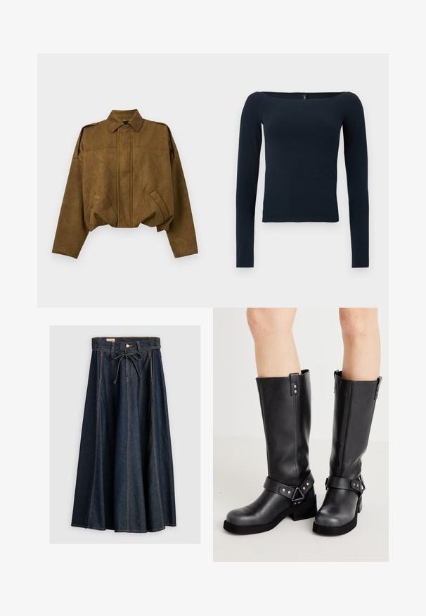 Veste courte en daim marron avec manches longues, fermeture boutonnée cachée sur le devant, deux poches inclinées et col pointu.; Haut ajusté bleu marine à manches longues avec un large décolleté carré, sans motifs ni logos visibles.; Levi's® XL SKIRT - Jupe en jean - square circle; Bottes en cuir noir à hauteur de genou avec une tige large, des détails à lanière, une quincaillerie en argent et une semelle plate. Texture lisse avec un léger éclat.