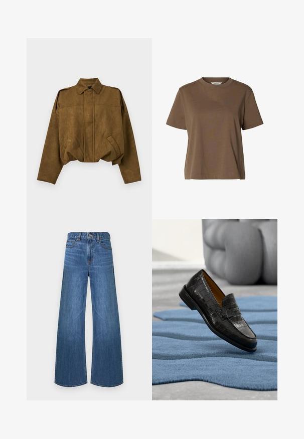 Veste courte en daim marron avec manches longues, fermeture boutonnée cachée sur le devant, deux poches inclinées et col pointu.; T-shirt marron à manches courtes et col rond, en tissu uni, coupe décontractée avec peu de coutures.; Jean denim bleu à jambes larges avec bouton avant et fermeture éclair, style cinq poches, et passants pour ceinture, présenté sur un fond blanc.; Mocassin en cuir noir à texture crocodile flottant au-dessus d'un tapis bleu de forme abstraite sur un sol gris clair.
