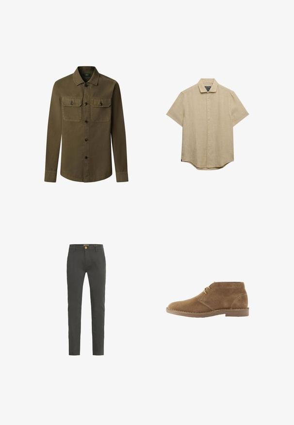 Chaqueta camisa de algodón color verde oliva, con cierre frontal de botones, dos bolsillos en el pecho con solapas y botones, y mangas largas.; Camisa beige de manga corta con botones y cuello, hecha de tela texturizada, mostrada sobre un fondo blanco liso.; Chinos de corte slim en gris oscuro, elaborados con una mezcla de algodón. Cuentan con un cierre de un solo botón y pasadores para cinturón. Textura suave con un detalle mínimo.; Zapato casual marrón de ante hasta el tobillo con dos ojales para cordones y suela cosida sobre fondo blanco, vista lateral.