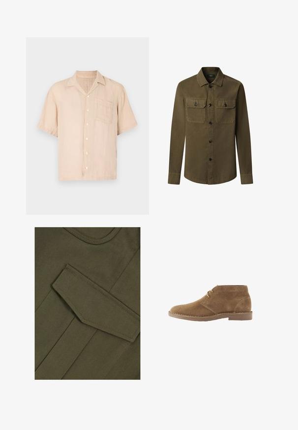 Olijfgroene overhemdjack van katoen, met een knoopsluiting aan de voorkant, twee borstzakken met knoopkleppen en lange mouwen.; Korte mouwen, lichtbeige linnen shirt met een puntige kraag, knopen aan de voorkant en een borstzak. Glad textuur en een relaxte pasvorm.; Olijfgroen stof met een gladde textuur heeft een grote, puntige flapzak. Contraststiksel langs de randen omlijnt het ontwerp.; Bruine suède enkellaars casual schoen met twee veterogen en gestikte zool op witte achtergrond, zijaanzicht.