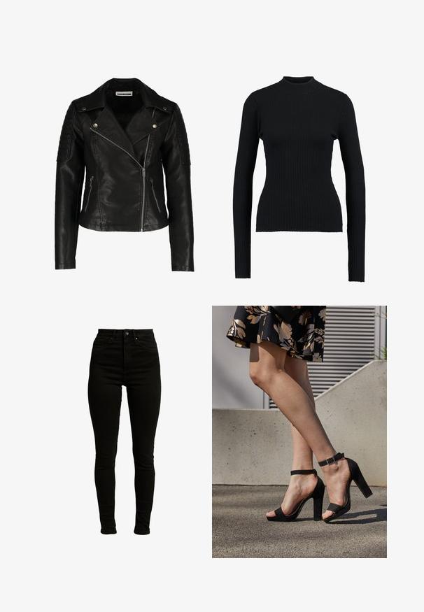 Sort læder bikerjakke med en tætsiddende design, asymmetrisk lynlås, strukturerede skuldre og to frontlommer med lynlås. Glat overflade.; Sort ribbet turtleneck sweatertype med lange ærmer og en tætsiddende pasform, der har en glat tekstur og en struktureret silhuet.; Sorte højtaljede skinny jeans fremstillet af denim med let stræk, med lynlås, enkelt knaplukning og fem-lomme design.; Sorte ruskinds høje hæle sandaler har et ankelstrop med spænde, åben tå design og en kraftig hæl. Glat tekstur og minimalistisk stil.